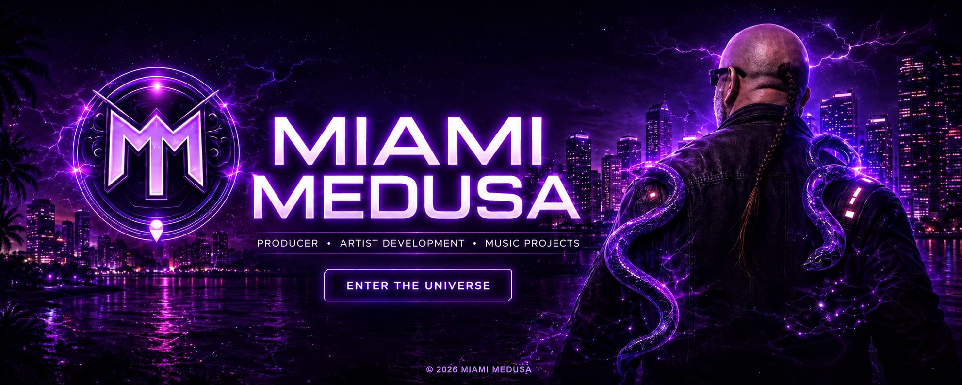 Miami Medusa and the MM emblem above the original purple skyline